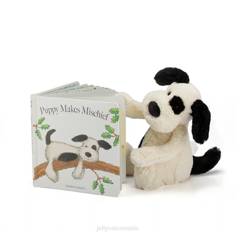 Jellycat Puppy Makes Mischief Book and Bashful Puppy Black and White BV0TH747 Book