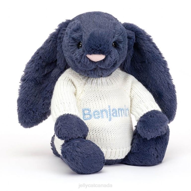 Jellycat Bashful Bunny with Personalised Cream Jumper Navy BV0TH389 Toy