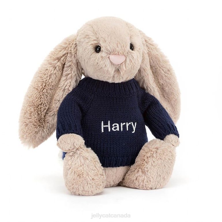 Jellycat Bashful Bunny with Personalised Navy Jumper Beige BV0TH147 Toy