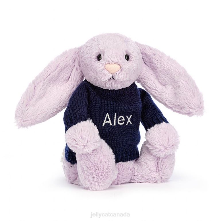 Jellycat Bashful Bunny with Personalised Navy Jumper Lilac BV0TH453 Toy