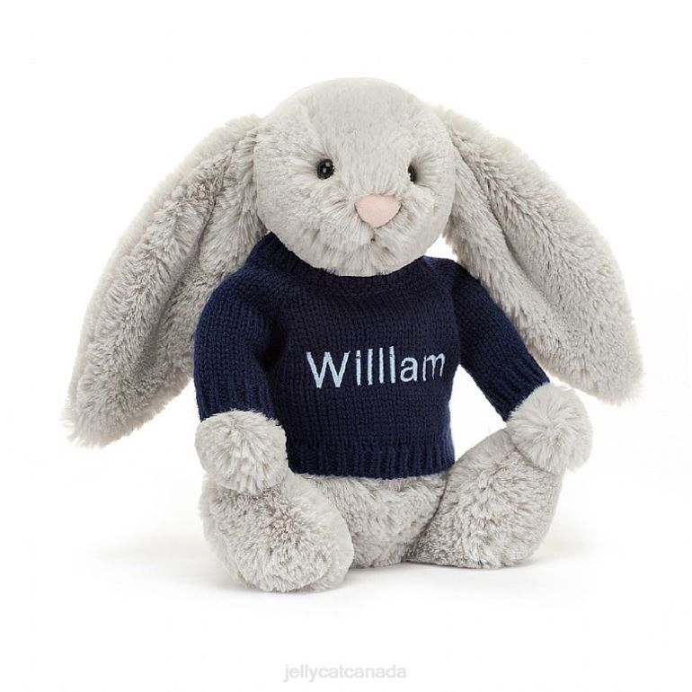 Jellycat Bashful Bunny with Personalised Navy Jumper Silver BV0TH345 Toy