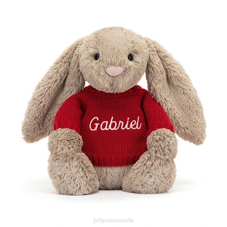 Jellycat Bashful Bunny with Personalised Red Jumper Beige BV0TH178 Toy