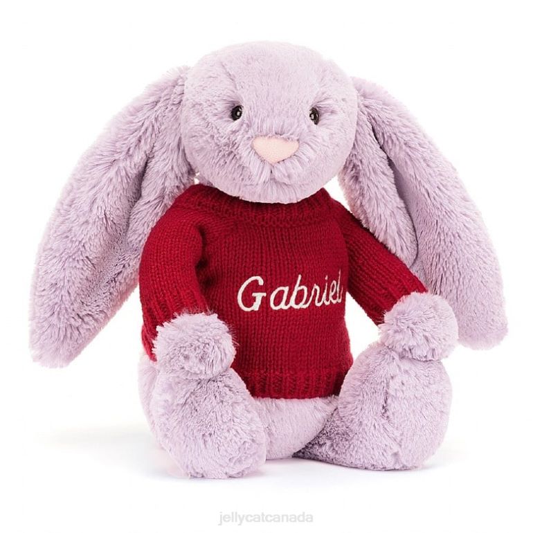 Jellycat Bashful Bunny with Personalised Red Jumper Lilac BV0TH300 Toy