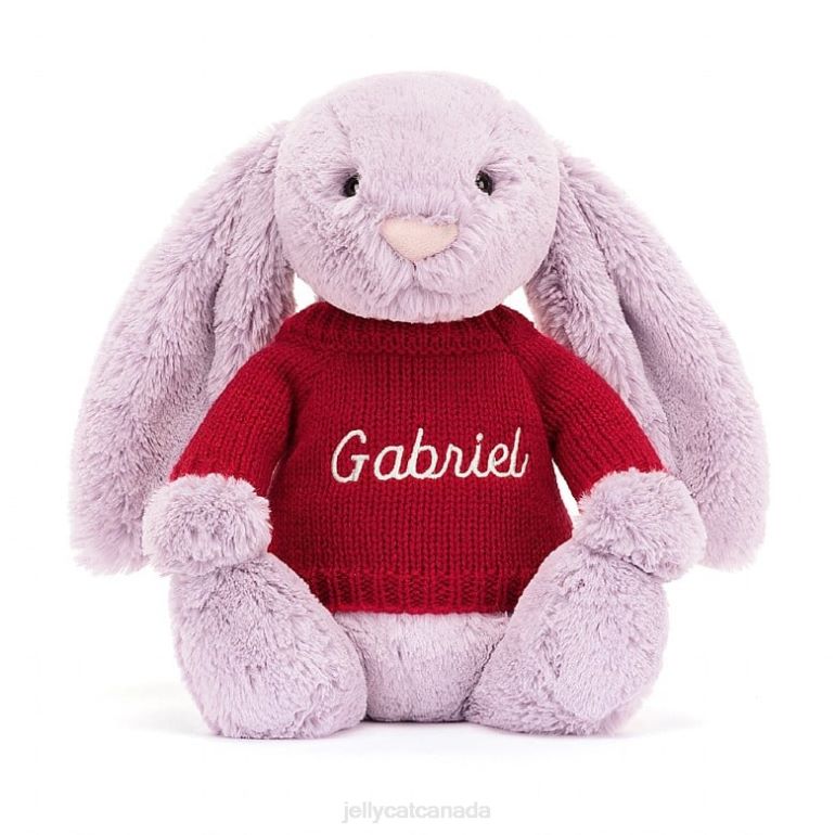 Jellycat Bashful Bunny with Personalised Red Jumper Lilac BV0TH300 Toy