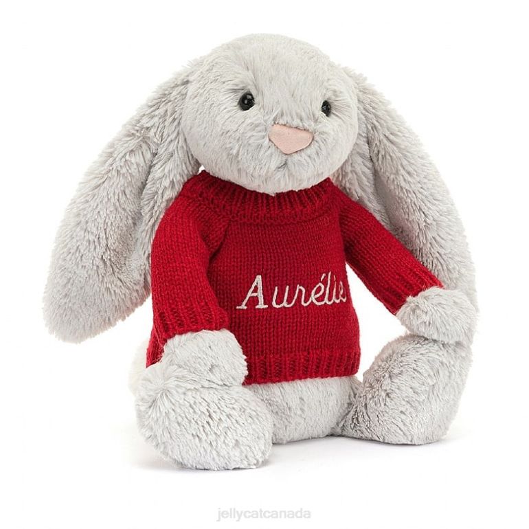 Jellycat Bashful Bunny with Personalised Red Jumper Silver BV0TH245 Toy