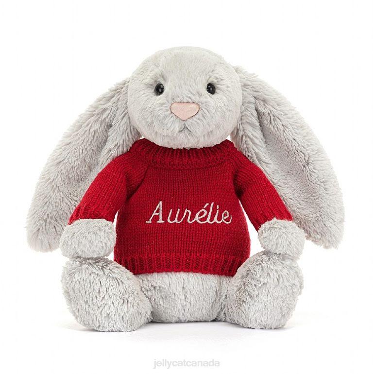 Jellycat Bashful Bunny with Personalised Red Jumper Silver BV0TH245 Toy