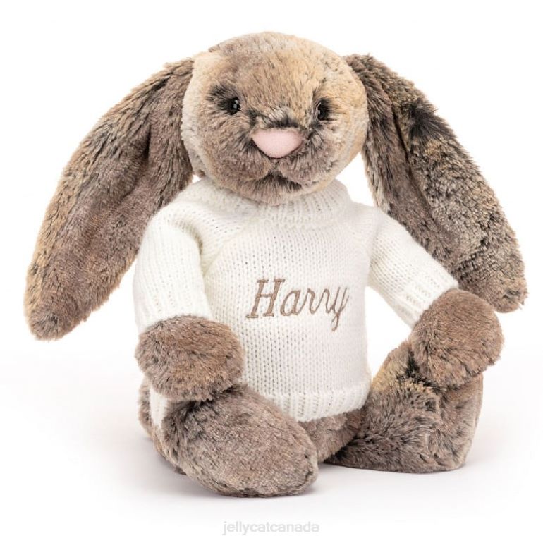 Jellycat Bashful Cottontail Bunny with Personalised Cream Jumper Grey BV0TH354 Toy