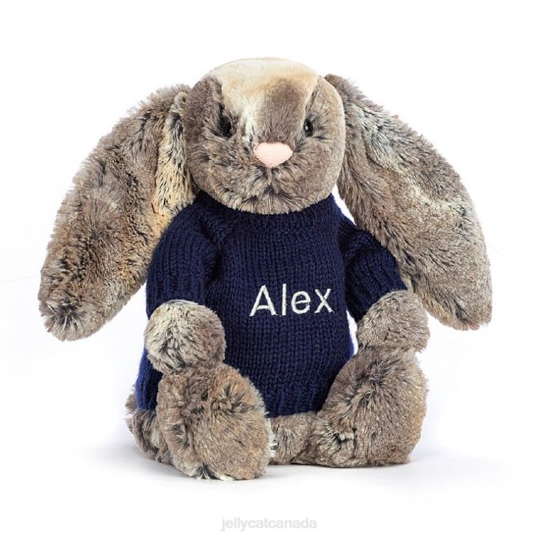 Jellycat Bashful Cottontail Bunny with Personalised Navy Jumper Grey BV0TH397 Toy