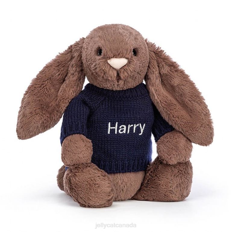 Jellycat Bashful Fudge Bunny with Personalised Navy Jumper Chocolate BV0TH522 Toy