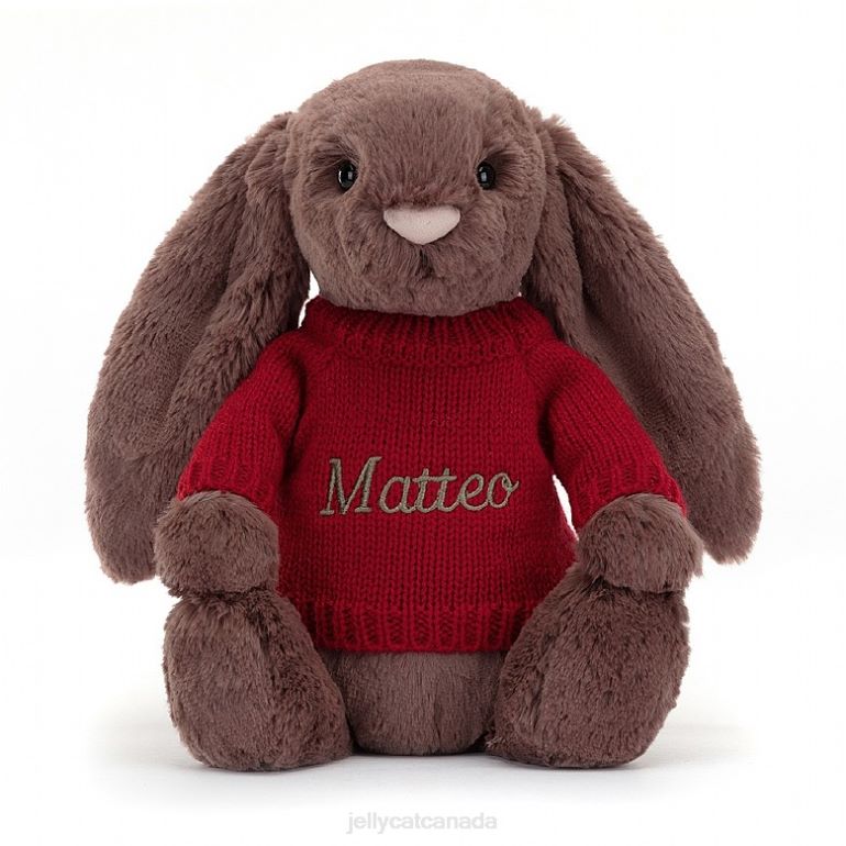 Jellycat Bashful Fudge Bunny with Personalised Red Jumper Chocolate BV0TH511 Toy