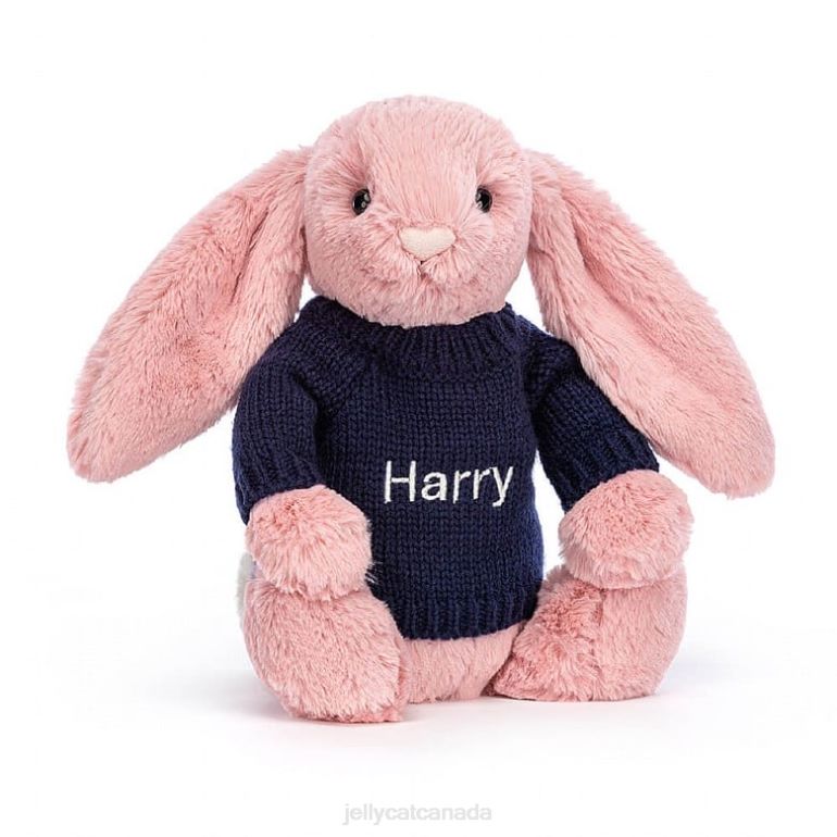 Jellycat Bashful Petal Bunny with Personalised Navy Jumper Sorbet Pink BV0TH413 Toy
