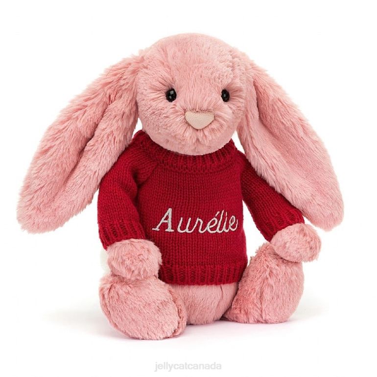 Jellycat Bashful Petal Bunny with Personalised Red Jumper Sorbet Pink BV0TH299 Toy