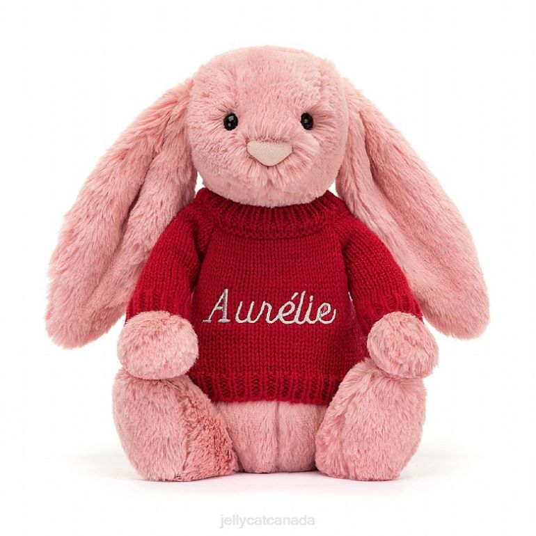 Jellycat Bashful Petal Bunny with Personalised Red Jumper Sorbet Pink BV0TH299 Toy