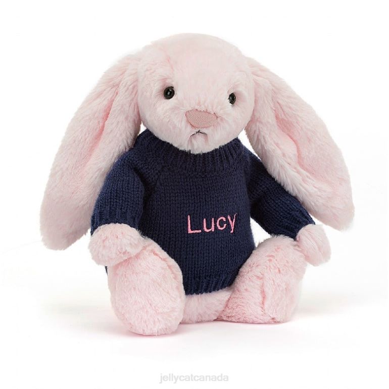 Jellycat Bashful Pink Bunny with Personalised Navy Jumper Baby Pink BV0TH398 Toy