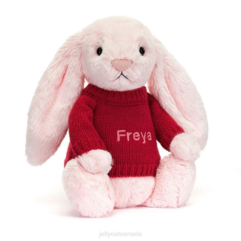 Jellycat Bashful Pink Bunny with Personalised Red Jumper Baby Pink BV0TH172 Toy