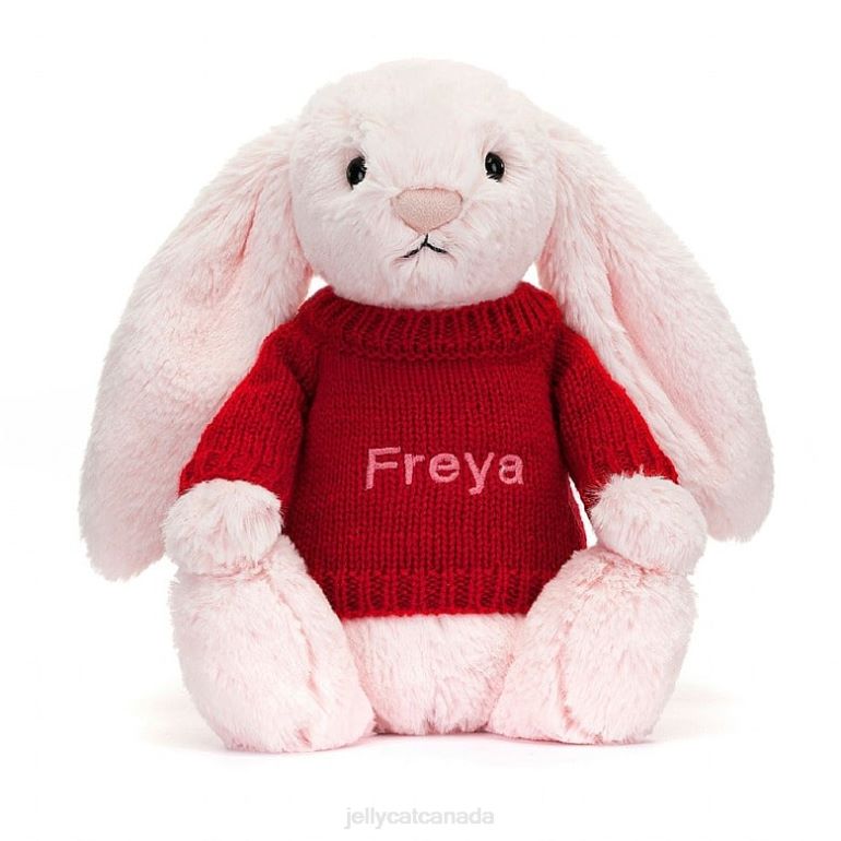 Jellycat Bashful Pink Bunny with Personalised Red Jumper Baby Pink BV0TH172 Toy