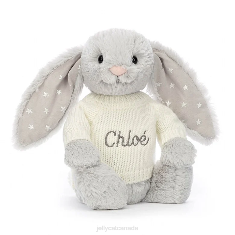 Jellycat Bashful Shimmer Bunny with Personalised Cream Jumper Grey BV0TH267 Toy