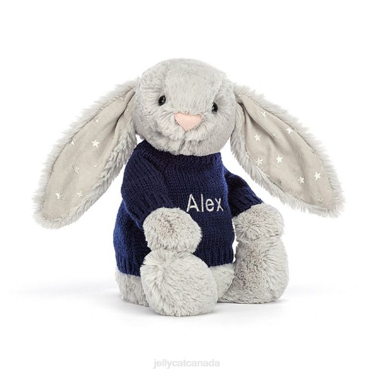 Jellycat Bashful Shimmer Bunny with Personalised Navy Jumper Grey BV0TH356 Toy