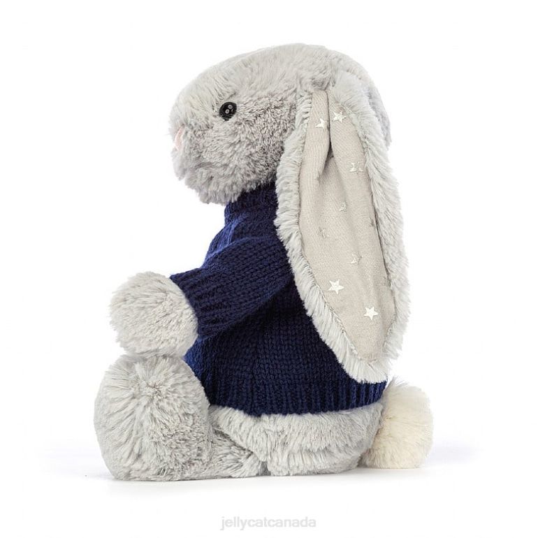 Jellycat Bashful Shimmer Bunny with Personalised Navy Jumper Grey BV0TH356 Toy