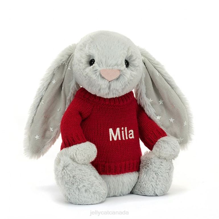 Jellycat Bashful Shimmer Bunny with Personalised Red Jumper Grey BV0TH416 Toy