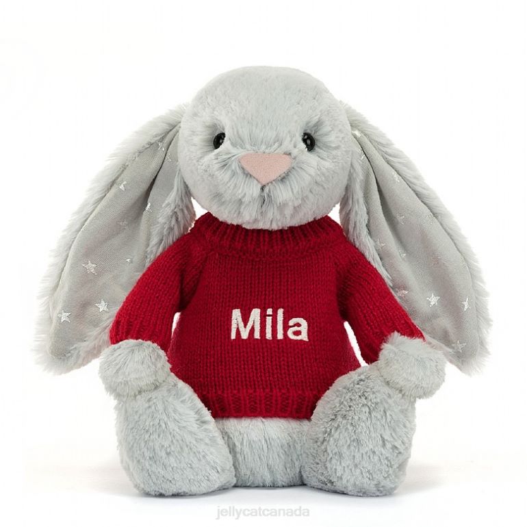 Jellycat Bashful Shimmer Bunny with Personalised Red Jumper Grey BV0TH416 Toy