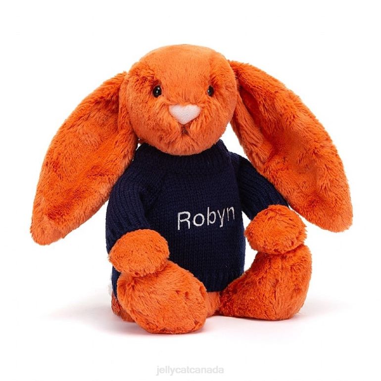 Jellycat Bashful Tangerine Bunny with Personalised Navy Jumper Orange BV0TH508 Toy