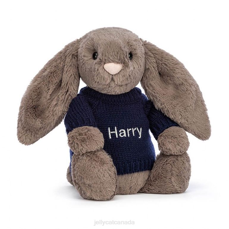 Jellycat Bashful Truffle Bunny with Personalised Navy Jumper Brown BV0TH373 Toy