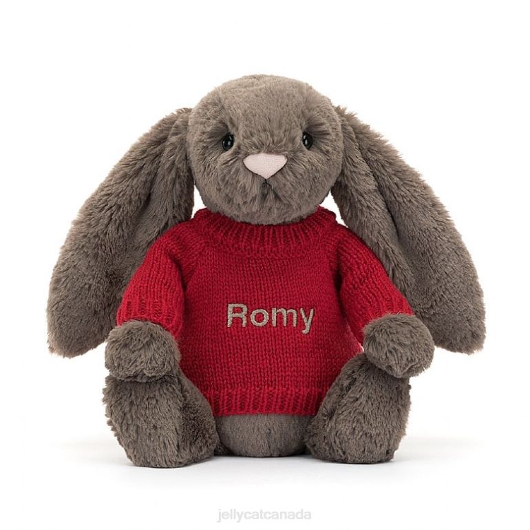 Jellycat Bashful Truffle Bunny with Personalised Red Jumper Brown BV0TH270 Toy