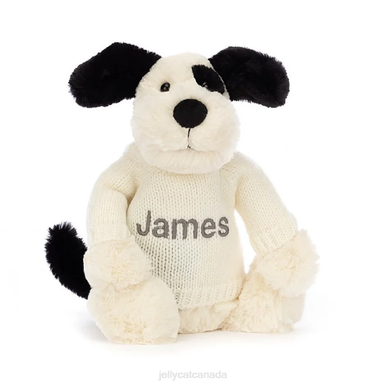 Jellycat Bashful Black & Cream Puppy with Personalised Cream Jumper Black and White BV0TH256 Toy
