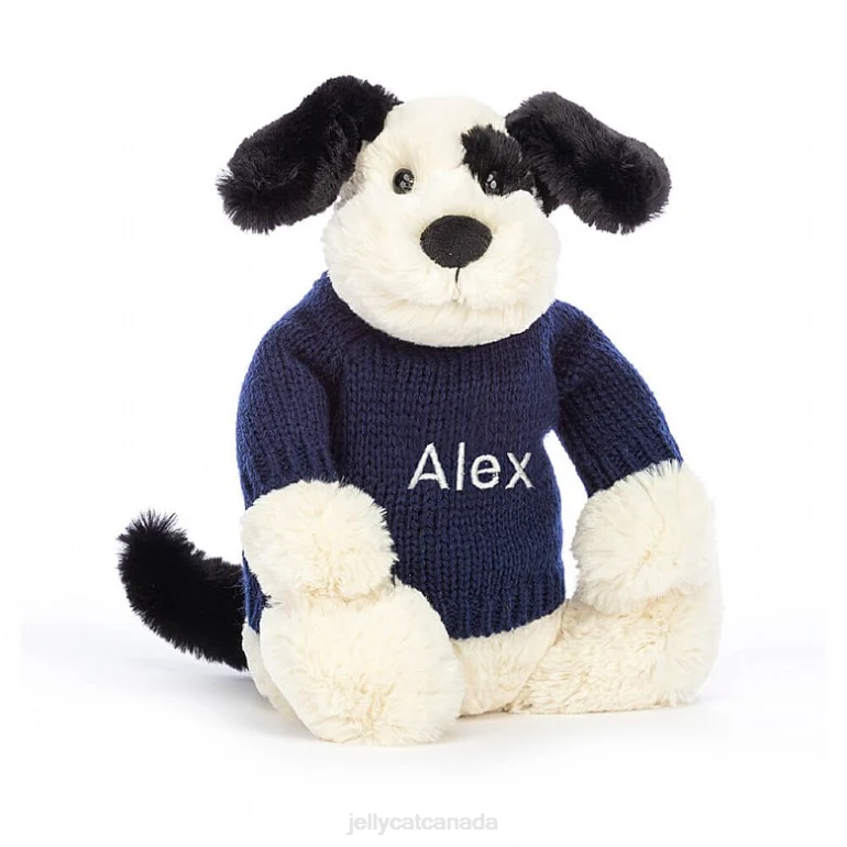 Jellycat Bashful Black & Cream Puppy with Personalised Navy Jumper Black and White BV0TH282 Toy