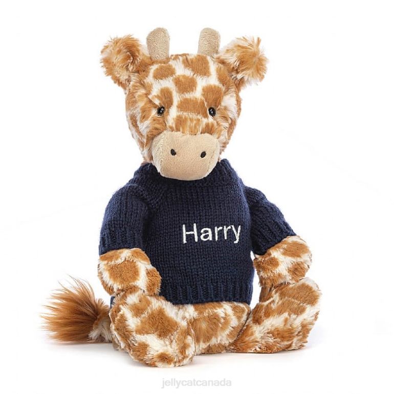 Jellycat Bashful Giraffe with Personalised Navy Jumper Orange BV0TH283 Toy