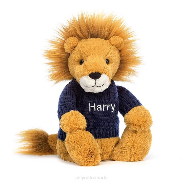 Jellycat Bashful Lion with Personalised Navy Jumper Yellow BV0TH534 Toy