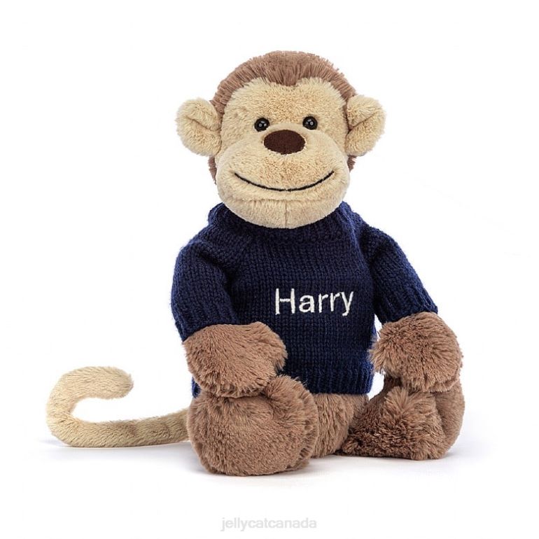 Jellycat Bashful Monkey with Personalised Navy Jumper Brown BV0TH192 Toy