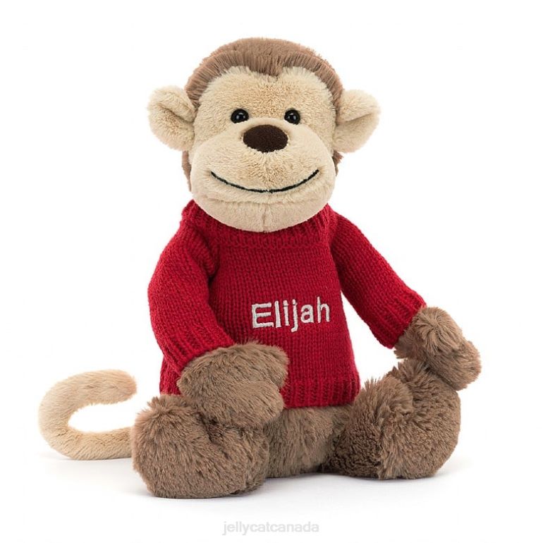 Jellycat Bashful Monkey with Personalised Red Jumper Brown BV0TH189 Toy