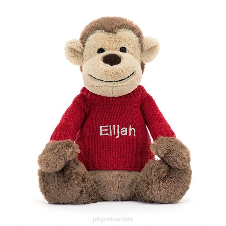 Jellycat Bashful Monkey with Personalised Red Jumper Brown BV0TH189 Toy