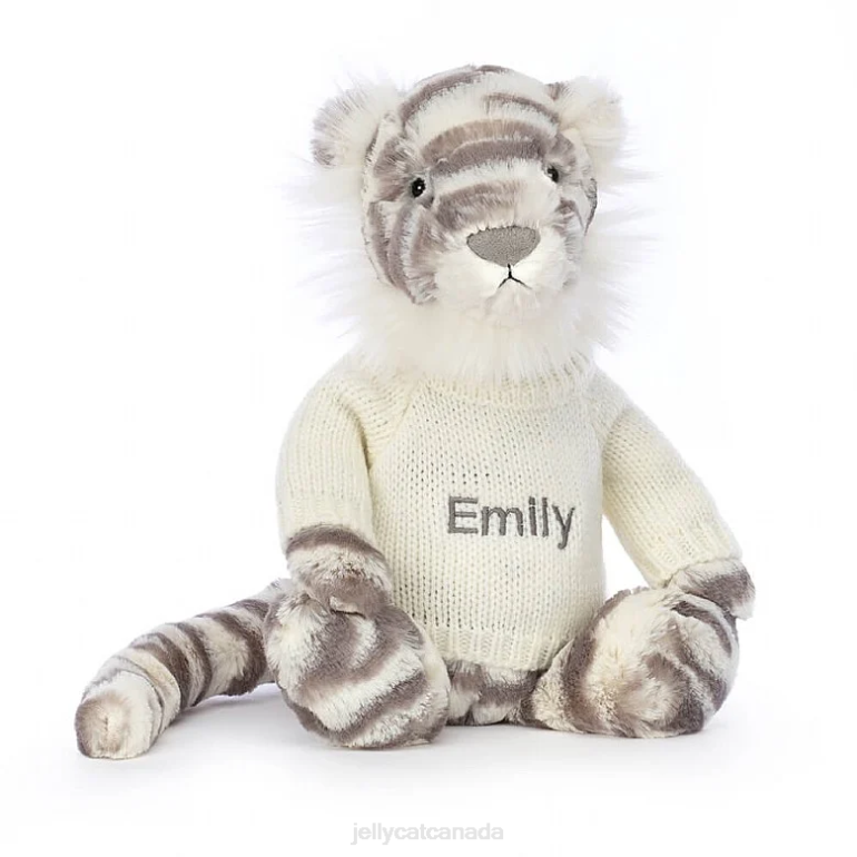 Jellycat Bashful Snow Tiger with Personalised Cream Jumper Grey and White BV0TH578 Toy