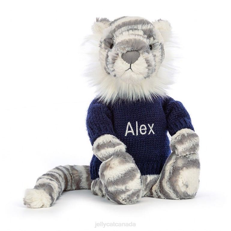 Jellycat Bashful Snow Tiger with Personalised Navy Jumper Grey and White BV0TH579 Toy
