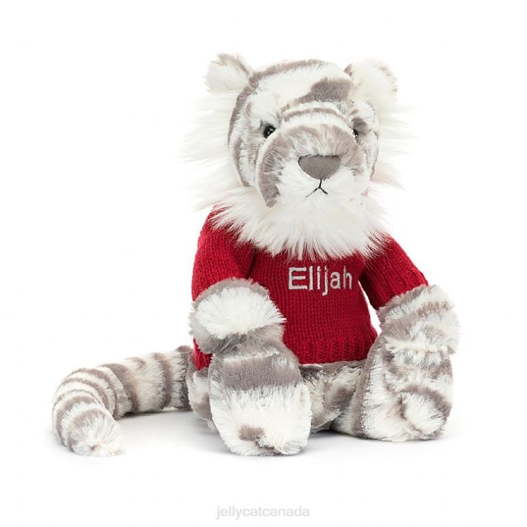 Jellycat Bashful Snow Tiger with Personalised Red Jumper Grey and White BV0TH581 Toy
