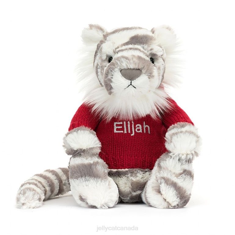 Jellycat Bashful Snow Tiger with Personalised Red Jumper Grey and White BV0TH581 Toy