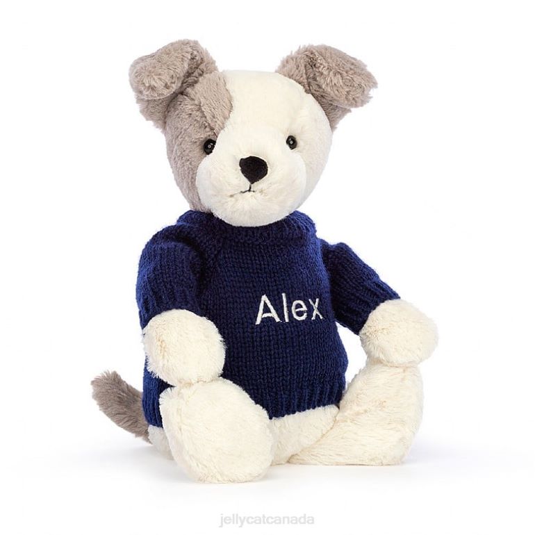 Jellycat Bashful Terrier with Personalised Navy Jumper Grey and White BV0TH516 Toy