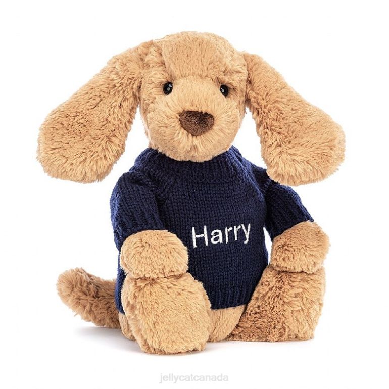 Jellycat Bashful Toffee Puppy with Personalised Navy Jumper Beige BV0TH139 Toy