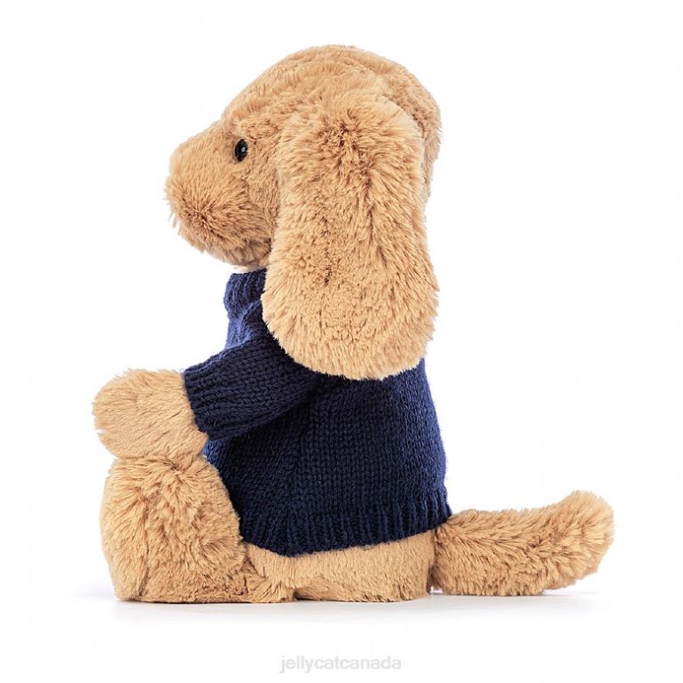 Jellycat Bashful Toffee Puppy with Personalised Navy Jumper Beige BV0TH139 Toy