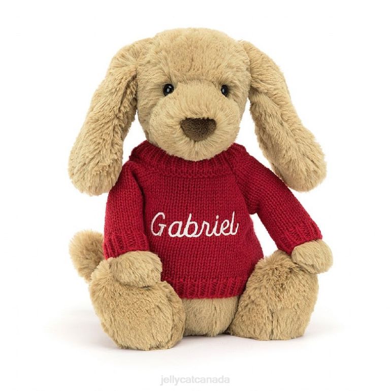 Jellycat Bashful Toffee Puppy with Personalised Red Jumper Beige BV0TH158 Toy