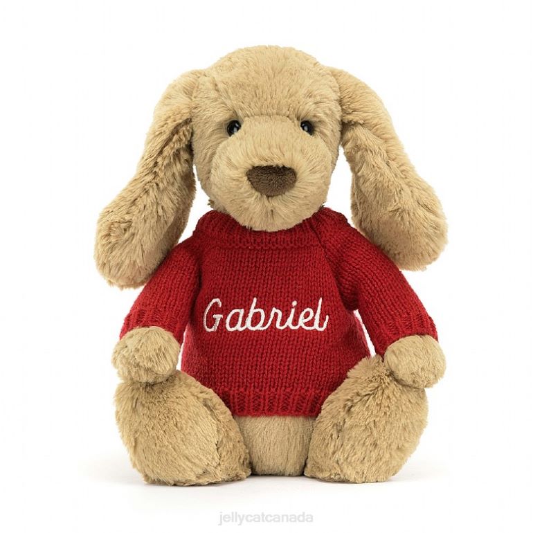 Jellycat Bashful Toffee Puppy with Personalised Red Jumper Beige BV0TH158 Toy