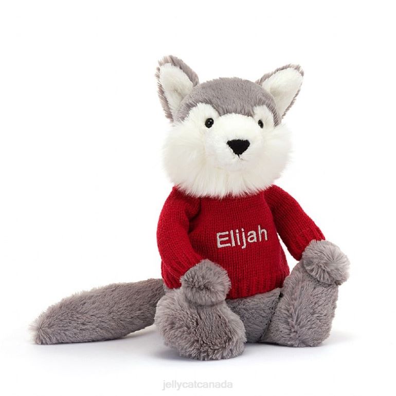Jellycat Bashful Wolf with Personalised Red Jumper Grey and White BV0TH241 Toy