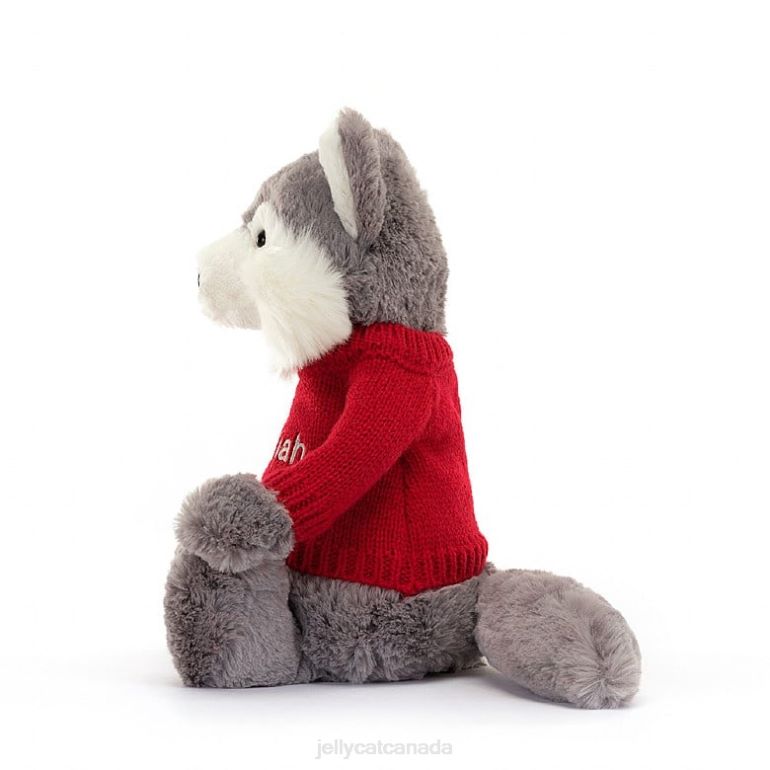 Jellycat Bashful Wolf with Personalised Red Jumper Grey and White BV0TH241 Toy