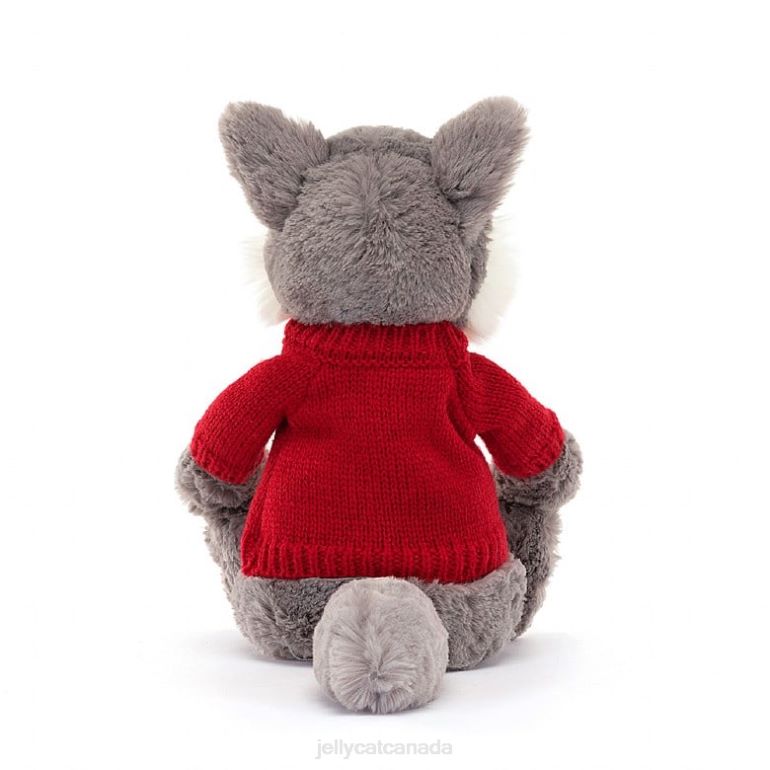 Jellycat Bashful Wolf with Personalised Red Jumper Grey and White BV0TH241 Toy