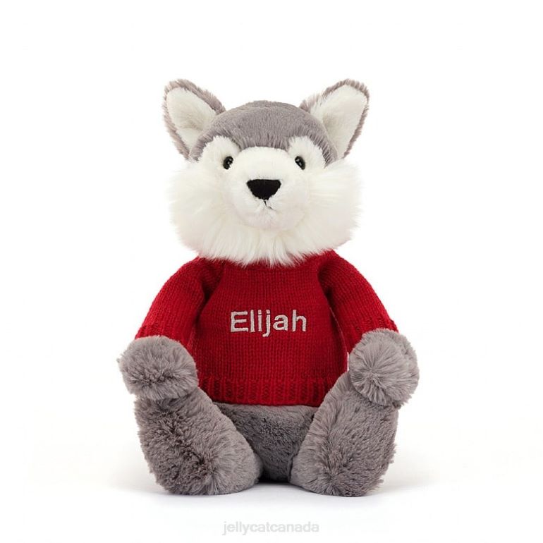 Jellycat Bashful Wolf with Personalised Red Jumper Grey and White BV0TH241 Toy