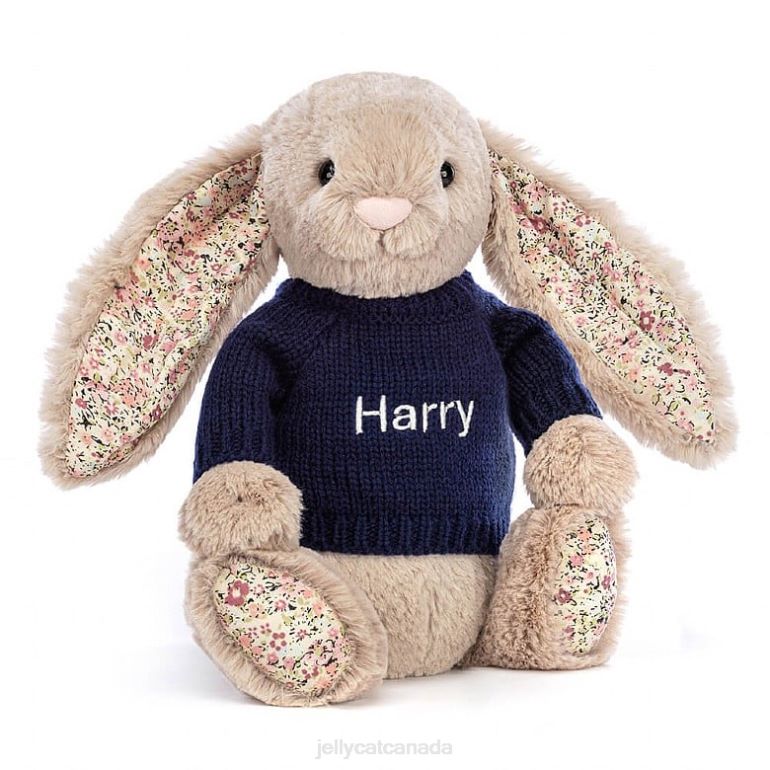 Jellycat Blossom Bea Bunny with Personalised Navy Jumper Beige BV0TH480 Toy