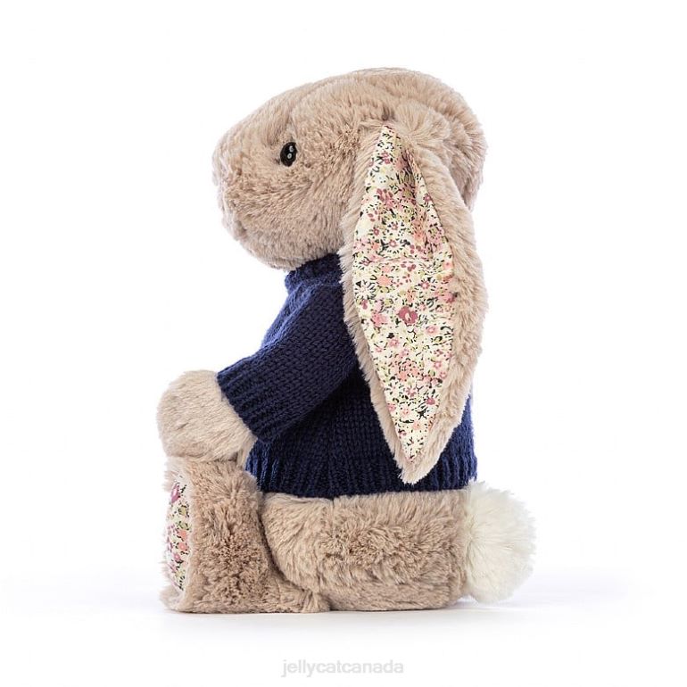Jellycat Blossom Bea Bunny with Personalised Navy Jumper Beige BV0TH480 Toy